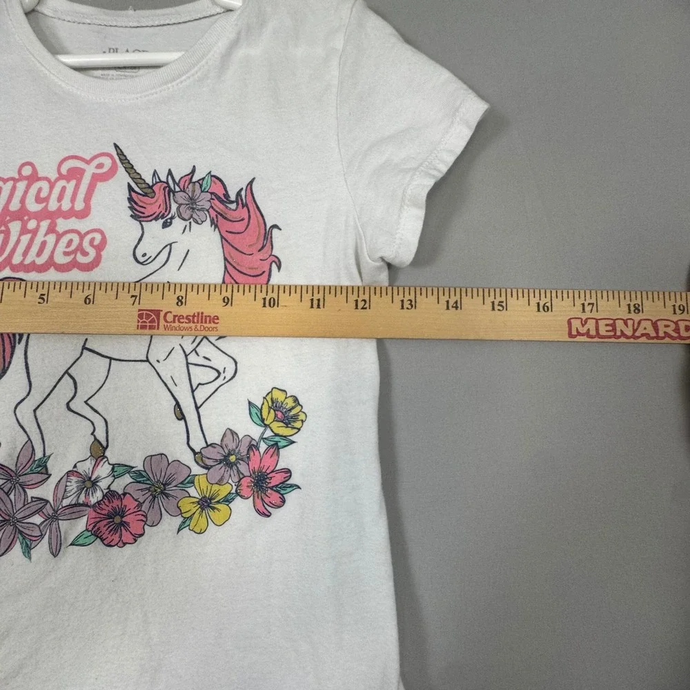 The Childrens Place Graphic Tee Kids Size M 7/8 White Excellent Unicorn Floral